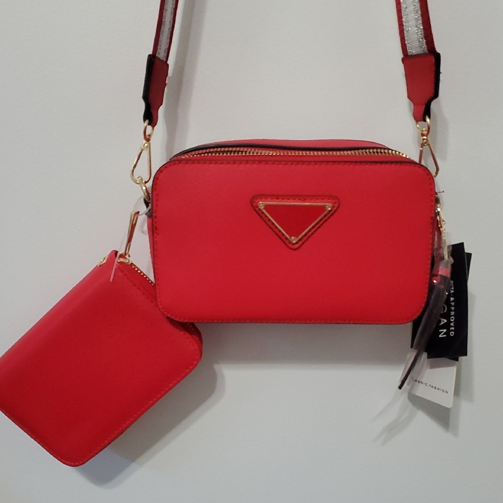 Red Crossbody Bag with Silver Hardware and Adjustable Strap